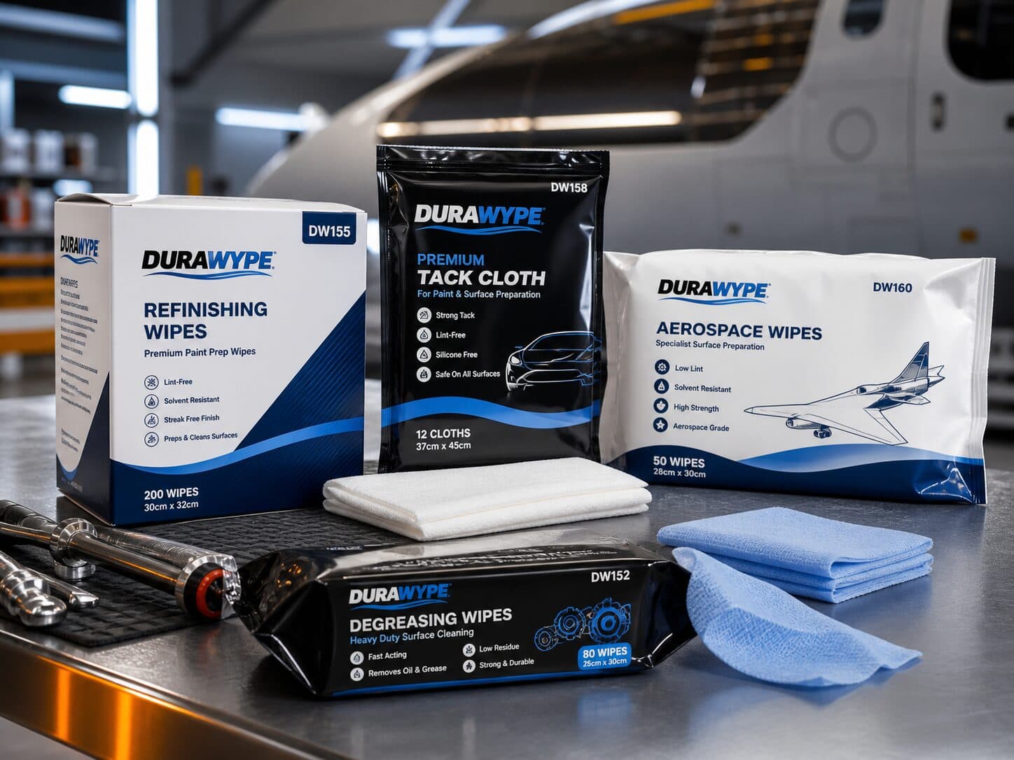 DURAWYPE aerospace-grade surface-prep wipes with an aircraft in the hangar