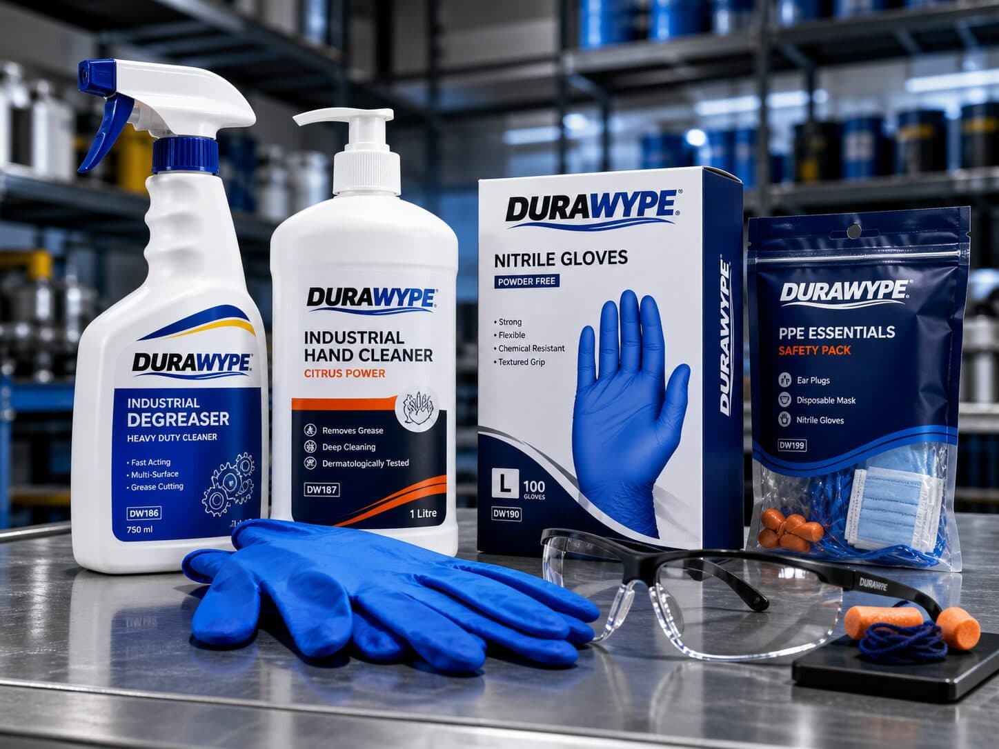 DURAWYPE chemicals and PPE staged in a chemical-storage area