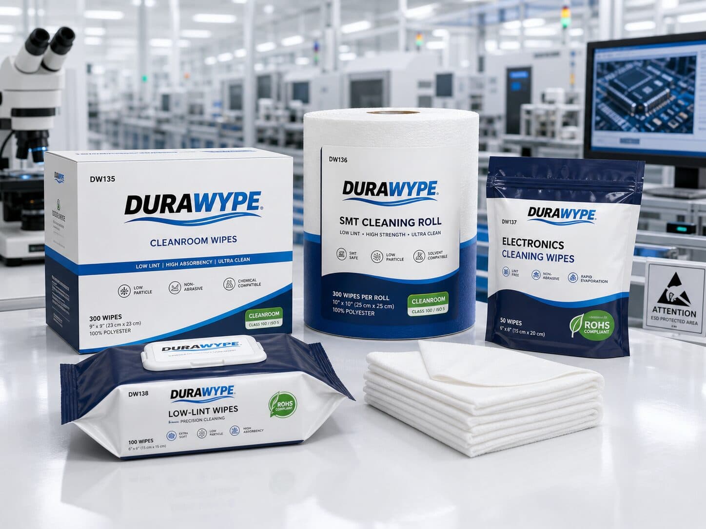 DURAWYPE cleanroom, SMT and electronics wipe range in an ESD-protected assembly area