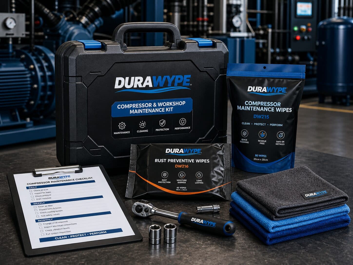 DURAWYPE compressor & workshop maintenance kit with wipes, microfiber cloths and checklist
