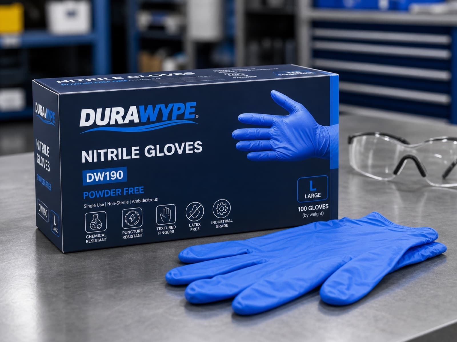DURAWYPE DW199 Nitrile Gloves — powder-free, 100-count box