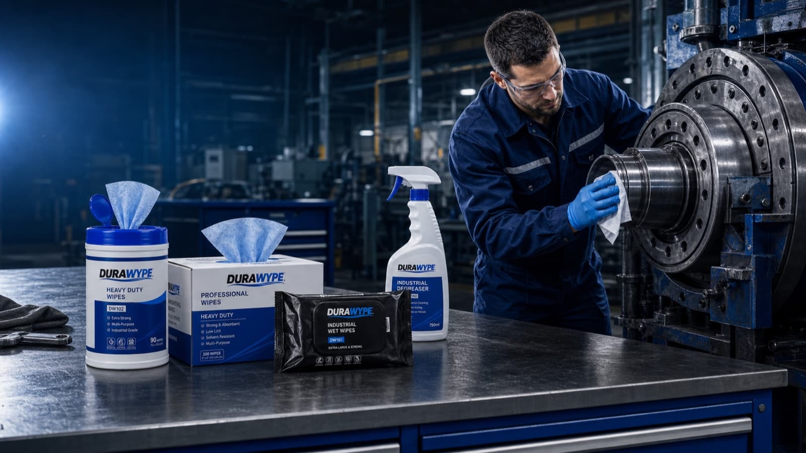 A maintenance technician cleaning heavy machinery with DURAWYPE wipes and degreaser on the factory floor