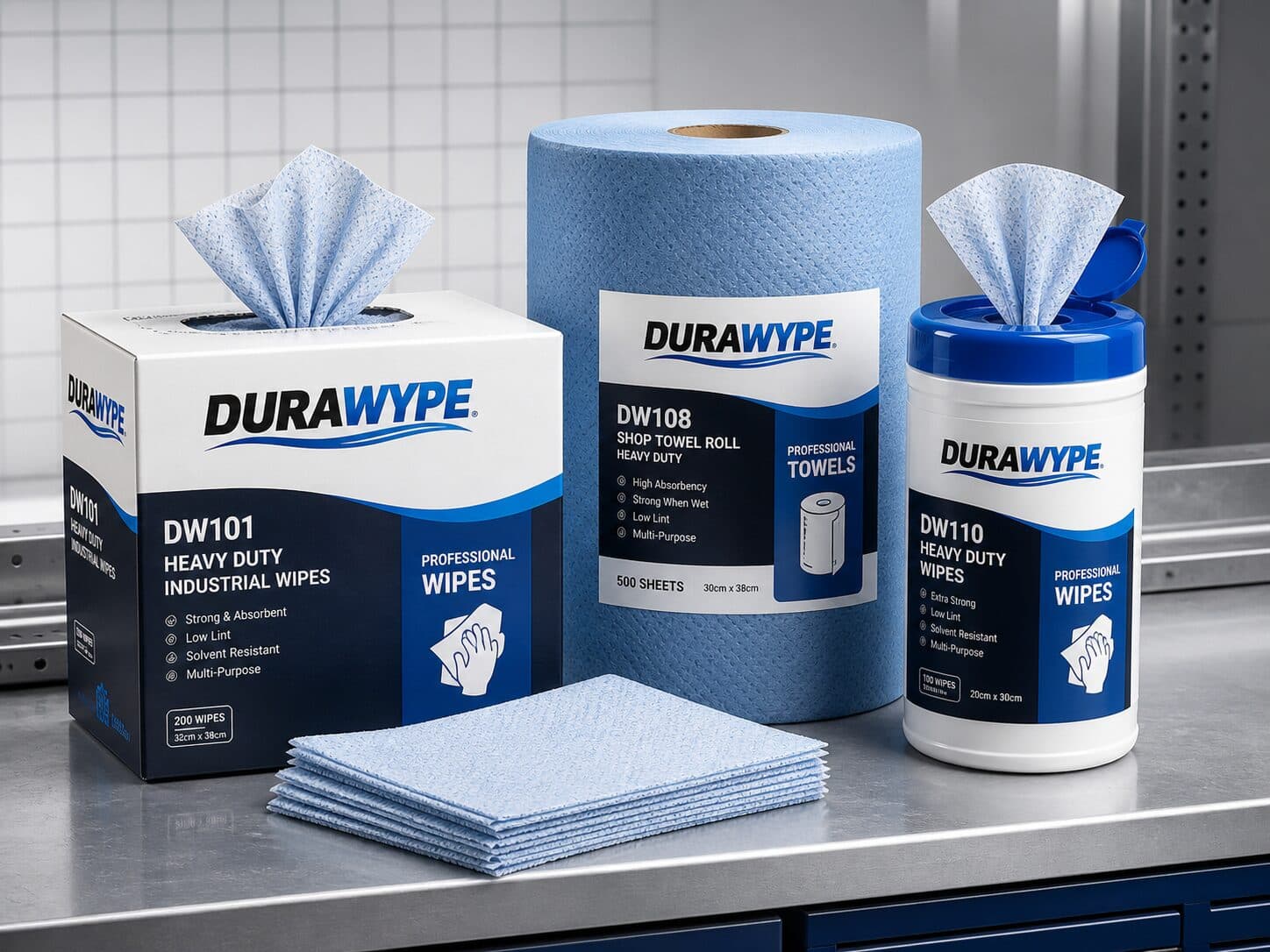 DURAWYPE professional wipes — DW101 heavy-duty box, DW108 shop-towel roll and DW110 pull-up canister