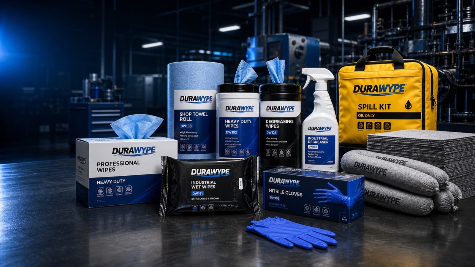 The DURAWYPE range — wipes, shop towels, degreaser, gloves and spill kit under cinematic light