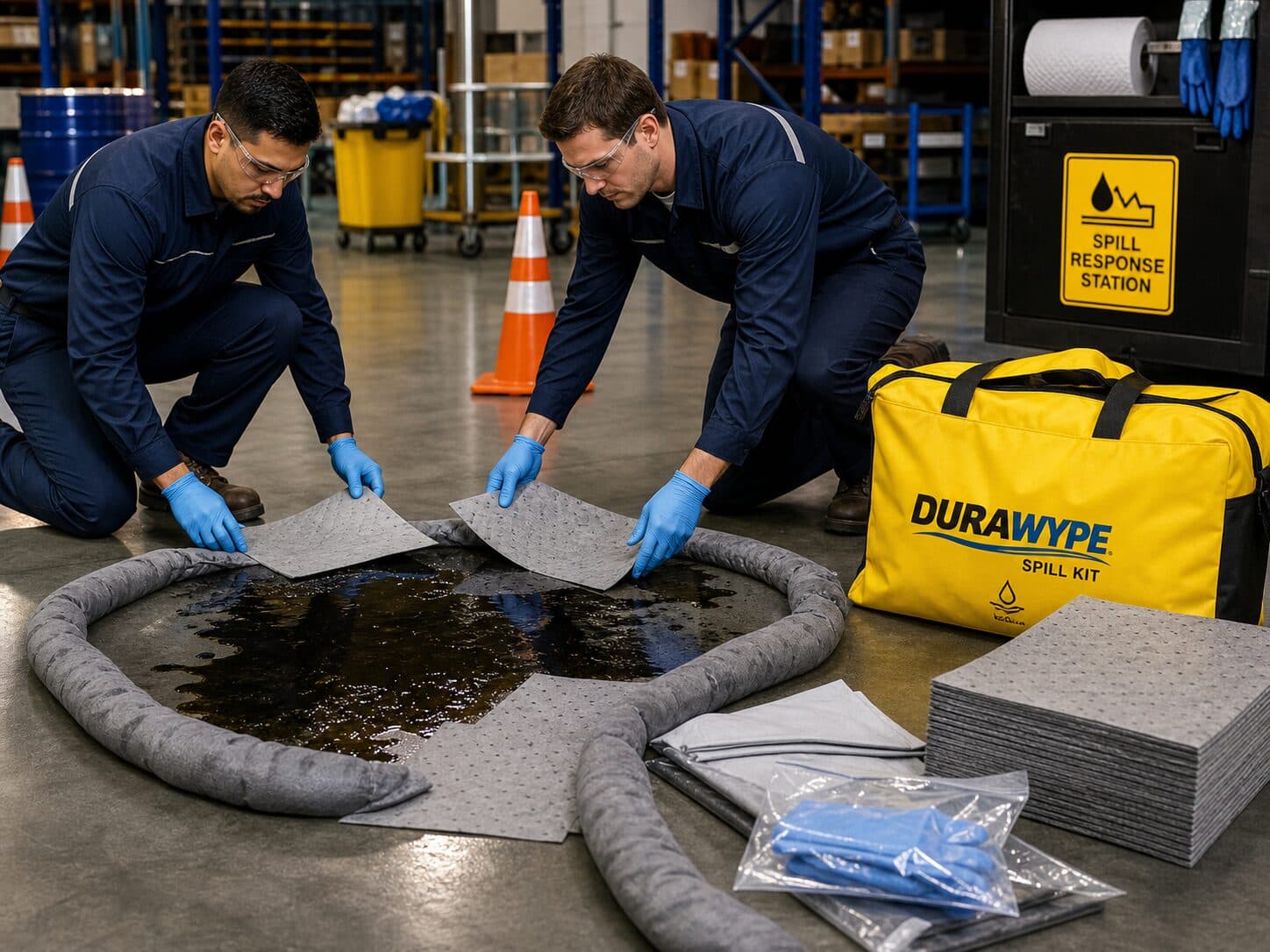 Technicians deploying DURAWYPE recovered-fibre absorbent pads and socks to contain a floor spill