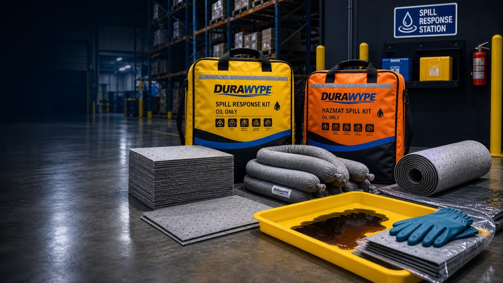 DURAWYPE oil-only and Hazmat spill response kits with pads, socks and rolls at a spill station