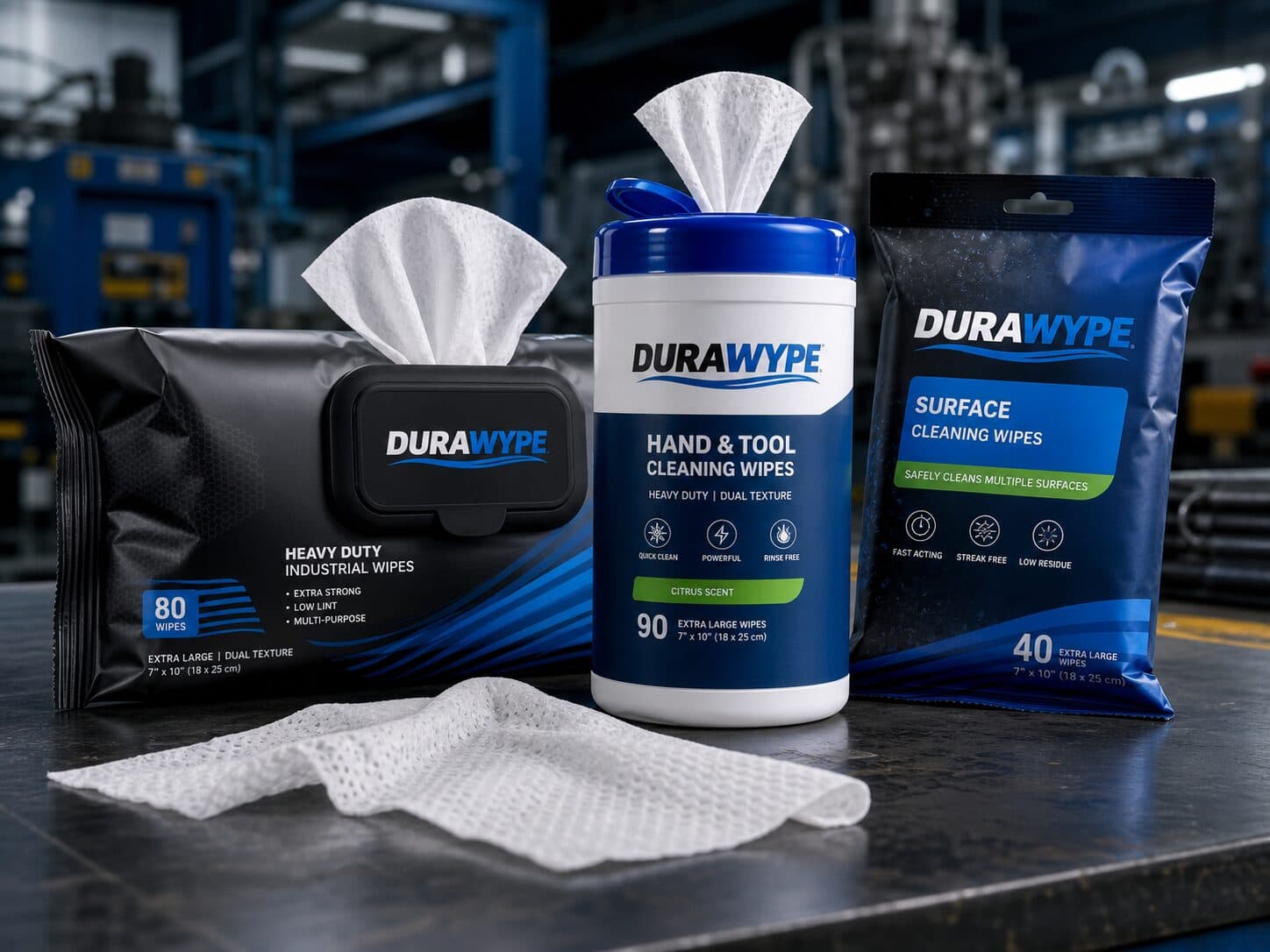 DURAWYPE industrial wet wipes — heavy-duty, hand & tool and surface packs
