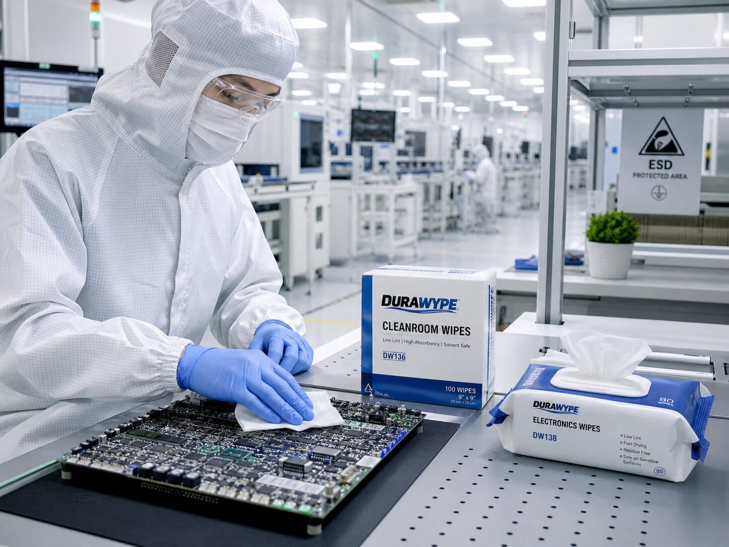 Batch-verified quality — a technician precision-cleaning electronics with DURAWYPE wipes in a controlled environment