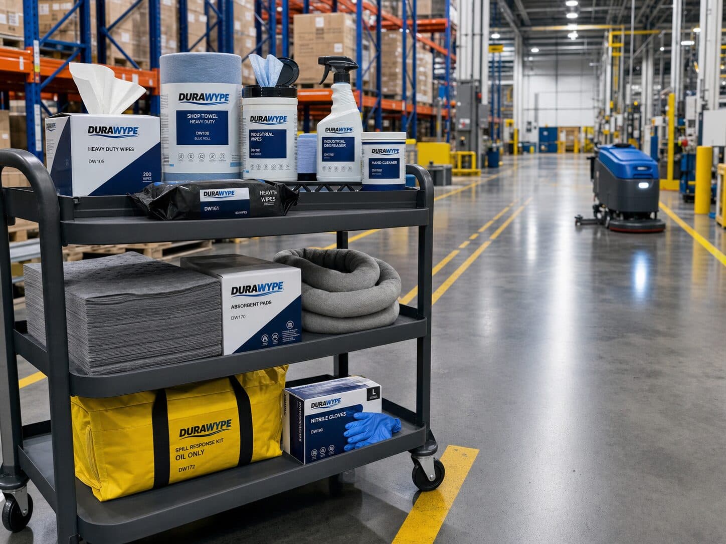 A DURAWYPE MRO supply cart stocked and staged for distribution across a warehouse aisle