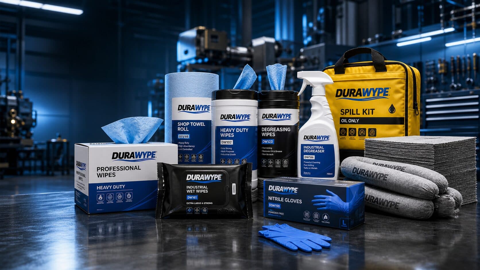 The DURAWYPE range re-engineered as one program — wipes, shop towels, degreaser, PPE and spill kits under cinematic light