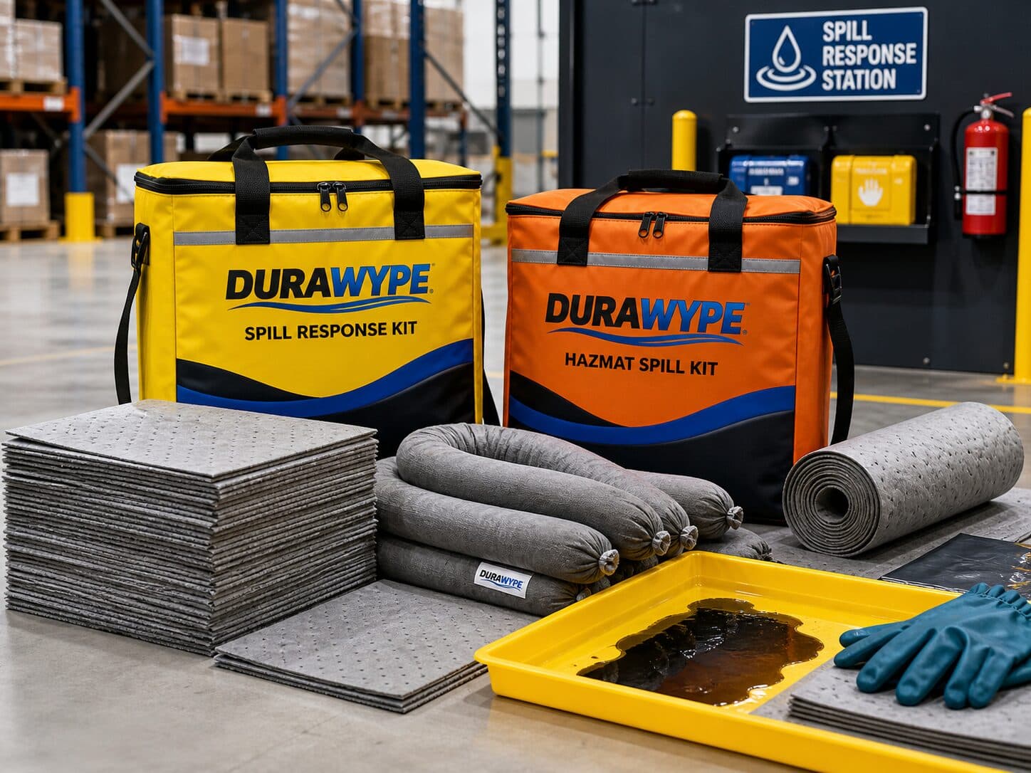 DURAWYPE oil-only and Hazmat spill-response kits staged for compliance and safety readiness